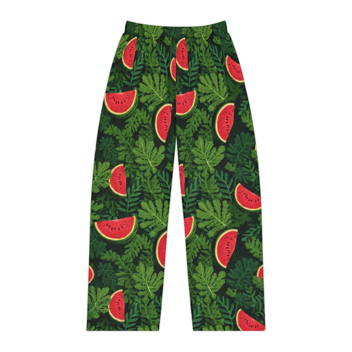 Watermelon slice and green leaf all over print pajama pants with seamless print wrap around design.