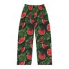 Watermelon slices and green leaves seamless print pajama pants with a dark background, perfect for summer lounging.