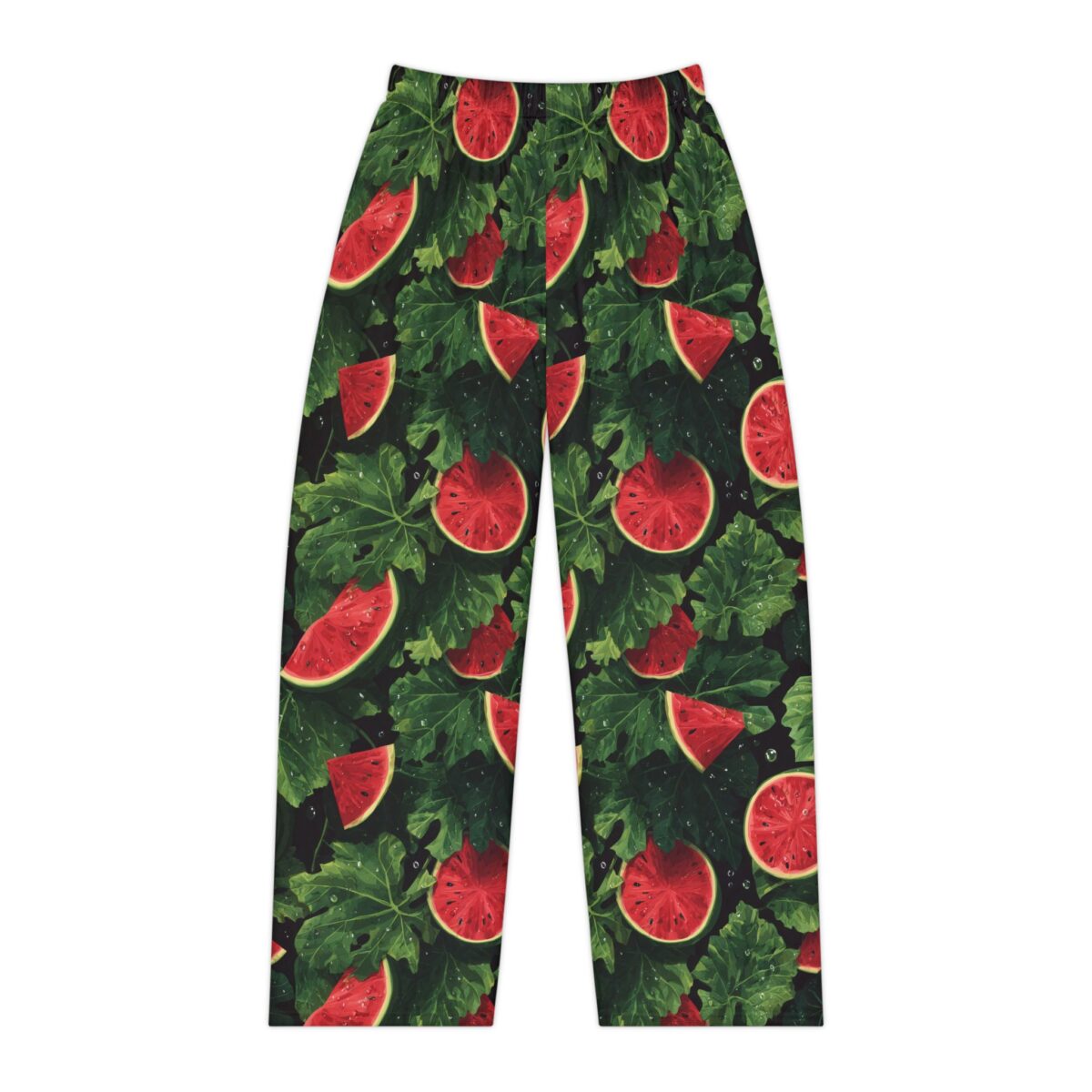 Watermelon slices and green leaves seamless print pajama pants with a dark background, perfect for summer lounging.