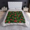 Red watermelon slices and green leaves all over print sublimation blanket, seamless summer fruit wrap around design.