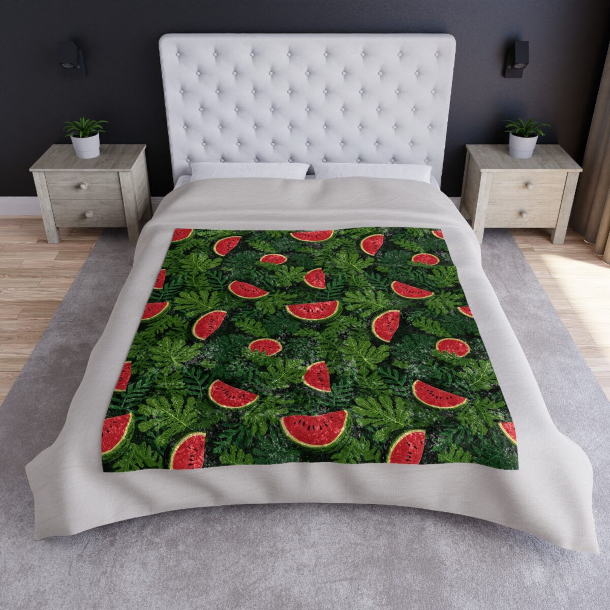 Red watermelon slices and green leaves all over print sublimation blanket, seamless summer fruit wrap around design.