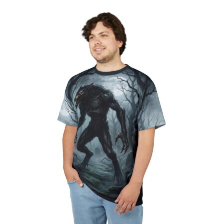Werewolf and graveyard all over print sublimation tee, featuring a spooky forest scene with a full moon graphic.