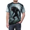 Men's all over print sublimation tee showcasing a menacing werewolf in a moonlit, misty forest, featuring wrap around graphic design.