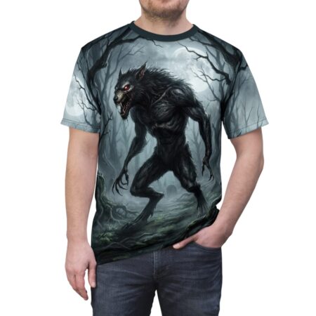 Men's all over print sublimation tee showcasing a menacing werewolf in a moonlit, misty forest, featuring wrap around graphic design.
