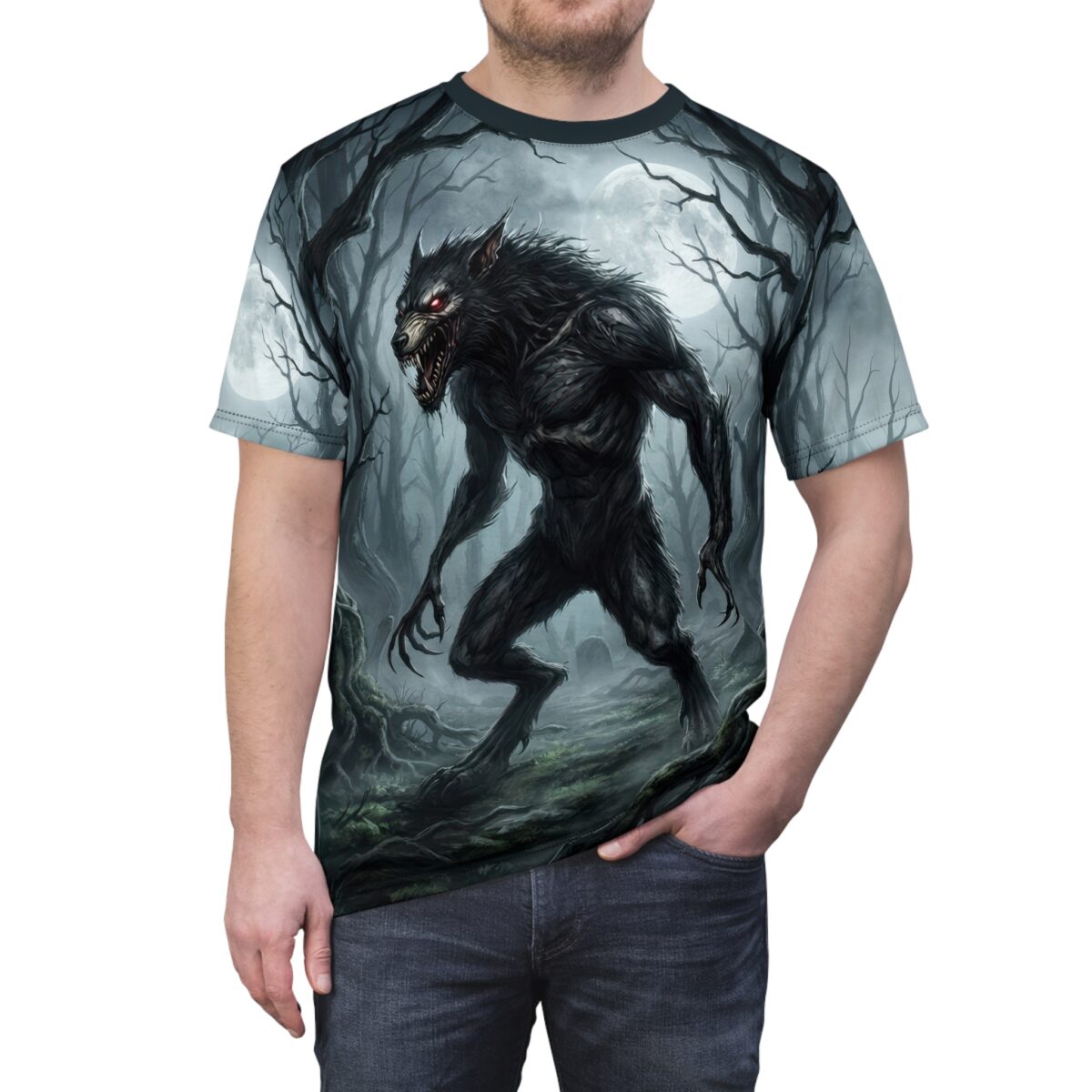 Men's all over print sublimation tee showcasing a menacing werewolf in a moonlit, misty forest, featuring wrap around graphic design.