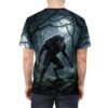 Werewolf in moonlit forest all over print sublimation tee, features wrap around graphic of a fearsome creature on mossy rocks.