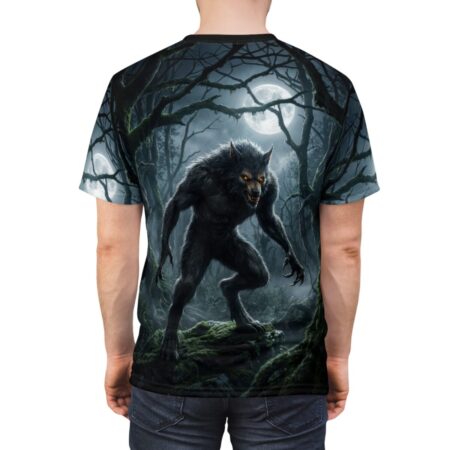 Werewolf in moonlit forest all over print sublimation tee, features wrap around graphic of a fearsome creature on mossy rocks.
