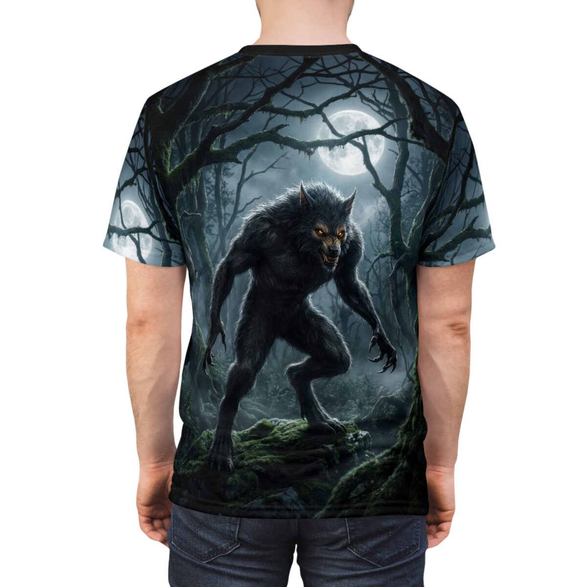 Werewolf in moonlit forest all over print sublimation tee, features wrap around graphic of a fearsome creature on mossy rocks.