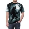 Werewolf howling under a full moon in a dark, misty forest, all over print sublimation tee with detailed creature graphic.