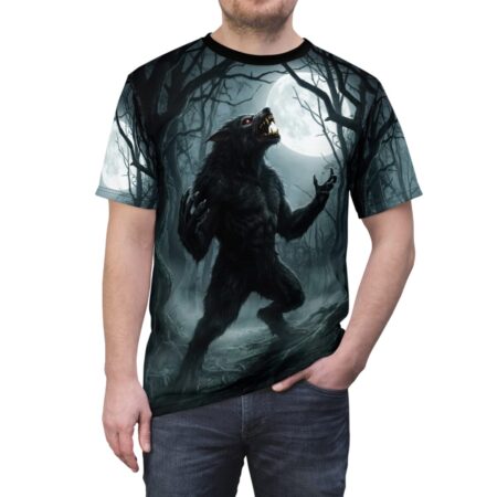 Werewolf howling under a full moon in a dark, misty forest, all over print sublimation tee with detailed creature graphic.