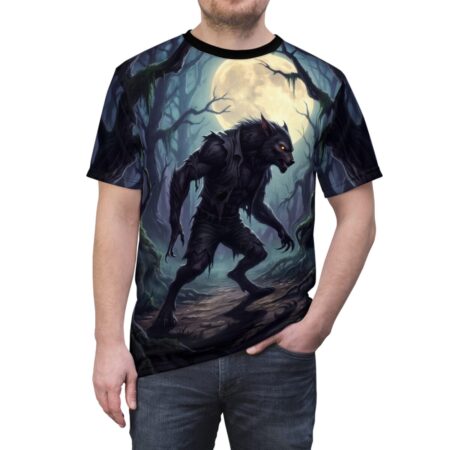 Werewolf in a moonlit forest graphic sublimation tee with a full moon and spooky trees.