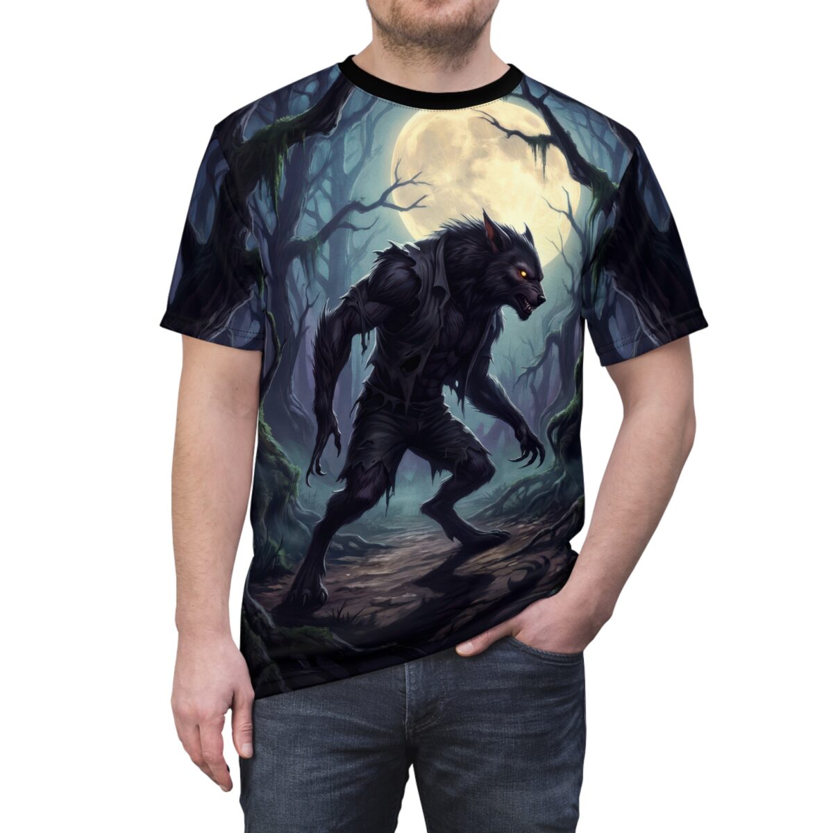 Werewolf in a moonlit forest graphic sublimation tee with a full moon and spooky trees.
