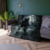 Dark forest werewolf howling at a full moon, detailed graphic plush fleece blanket for home decor.