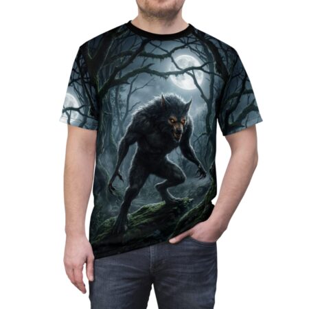 Werewolf on mossy ground in a dark forest under a full moon, graphic sublimation tee with wrap around design.