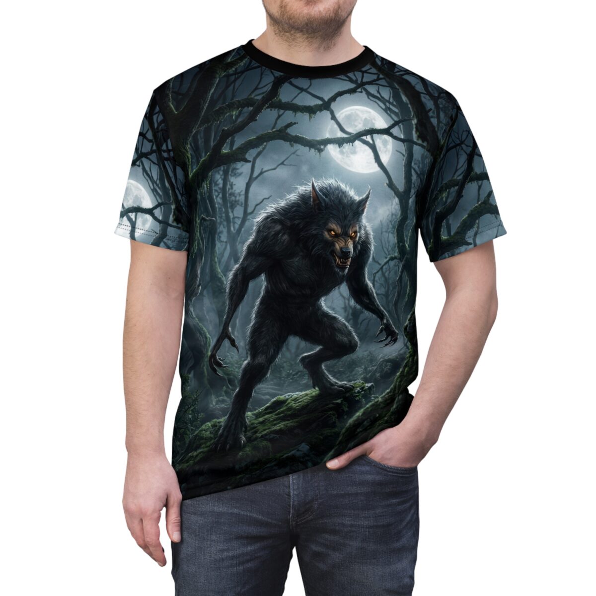 Werewolf on mossy ground in a dark forest under a full moon, graphic sublimation tee with wrap around design.