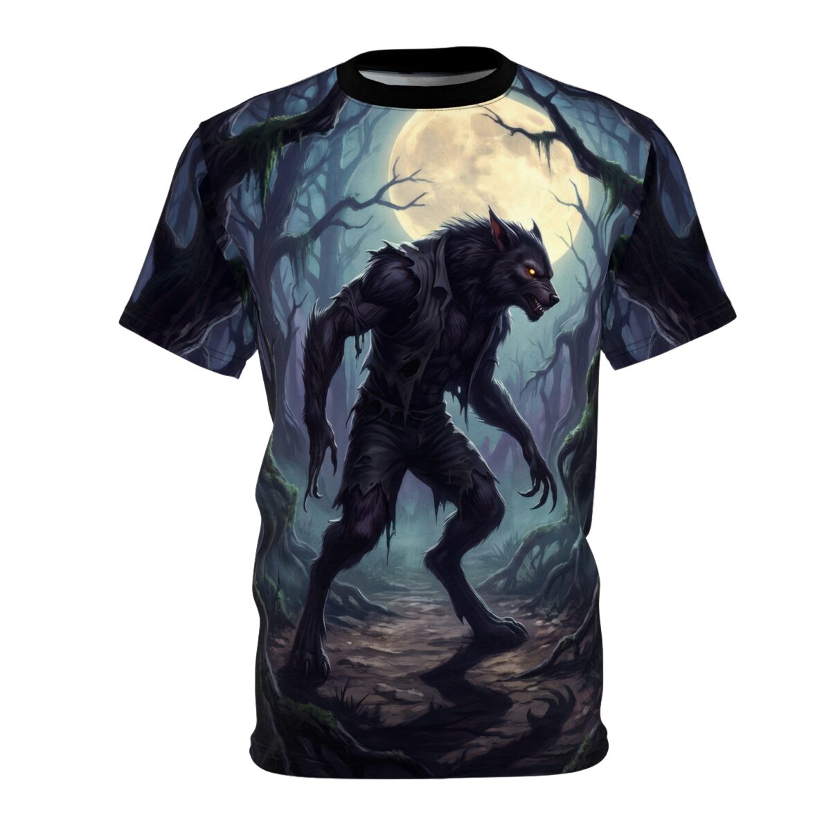 Werewolf in a dark forest under a full moon, all over print sublimation tee featuring a terrifying creature graphic.
