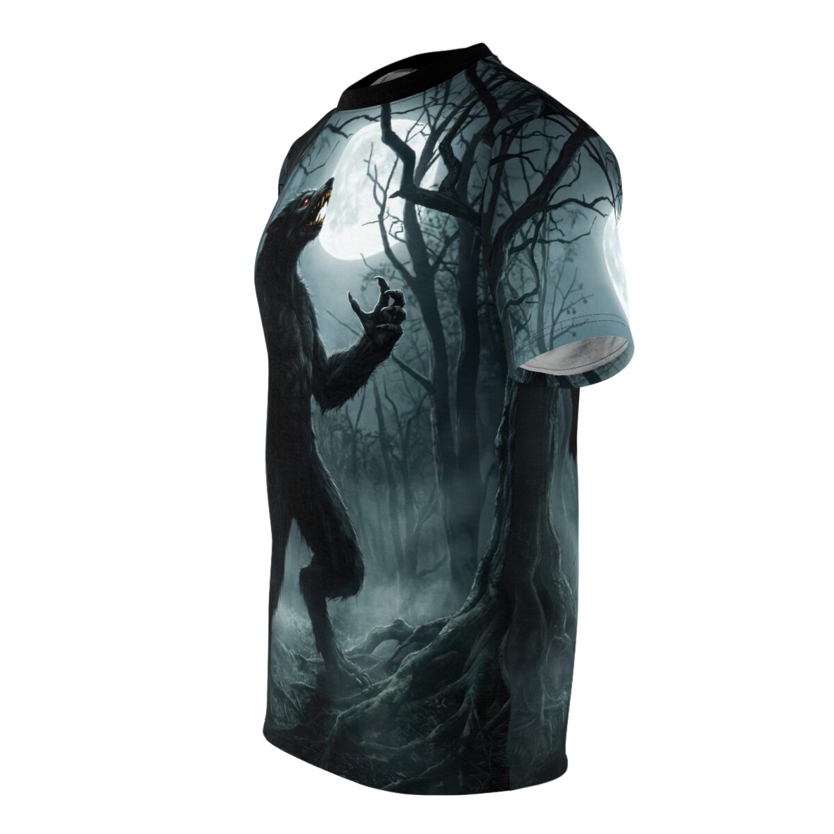 Werewolf howling at full moon in dark forest, all over print sublimation tee with creepy tree roots and fog.