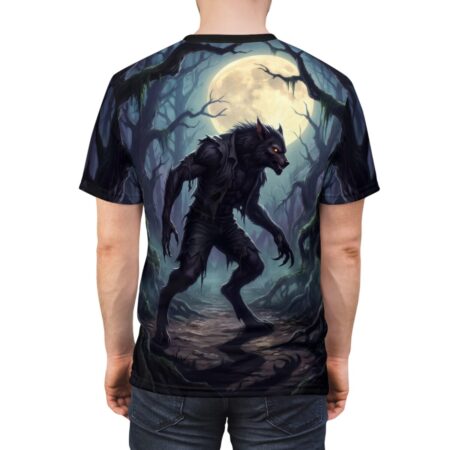 Werewolf in dark forest under full moon, all over print sublimation tee with gothic fantasy graphic.