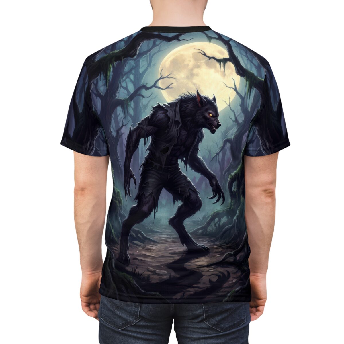Werewolf in dark forest under full moon, all over print sublimation tee with gothic fantasy graphic.