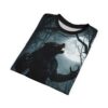 Werewolf with red eyes and sharp teeth in a dark forest with a full moon, all over print sublimation tee.
