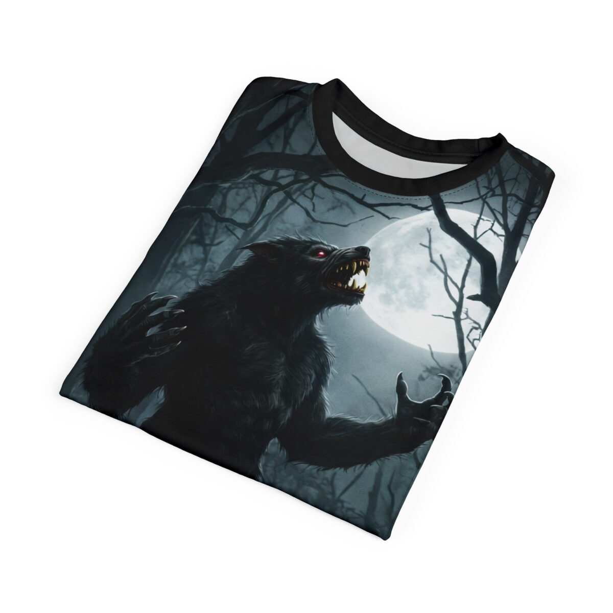 Werewolf with red eyes and sharp teeth in a dark forest with a full moon, all over print sublimation tee.
