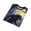 Werewolf transformation graphic sublimation tee with a full moon and dark forest background. Features a detailed creature design.