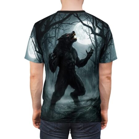 Werewolf all over print sublimation tee, detailed graphic of a black werewolf howling at a full moon in a dark forest.