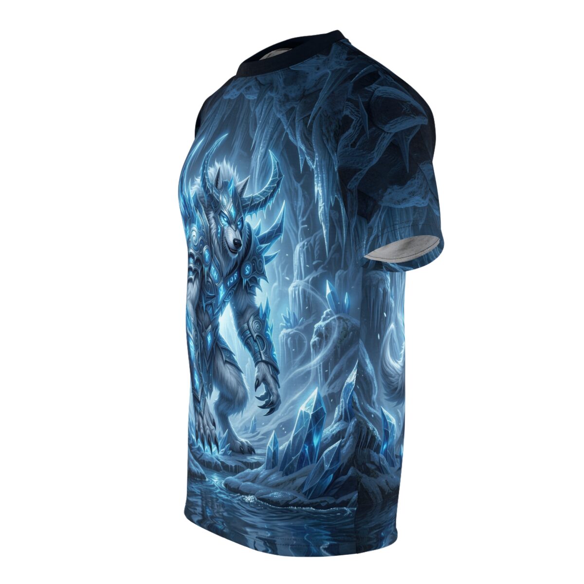 Ice werewolf creature in blue crystal cave all over print sublimation tee with seamless wrap around graphic.