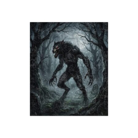 Werewolf with red eyes stands in a dark, misty forest with gnarled trees and gravestones.