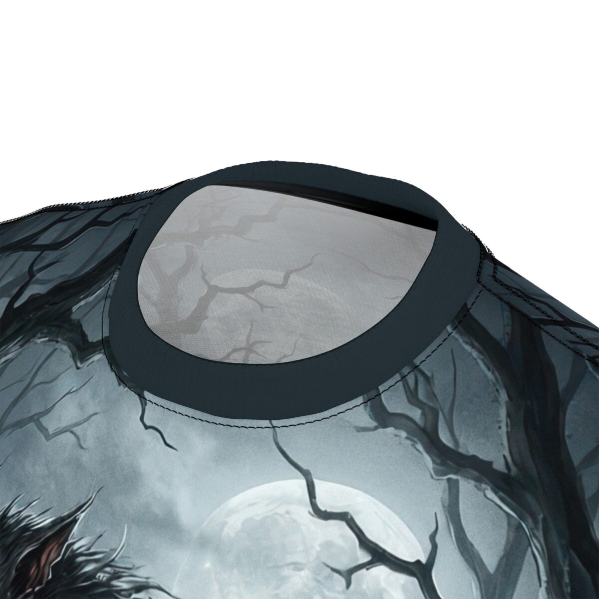 Werewolf and full moon in a dark forest, all over print sublimation tee with a spooky aesthetic.