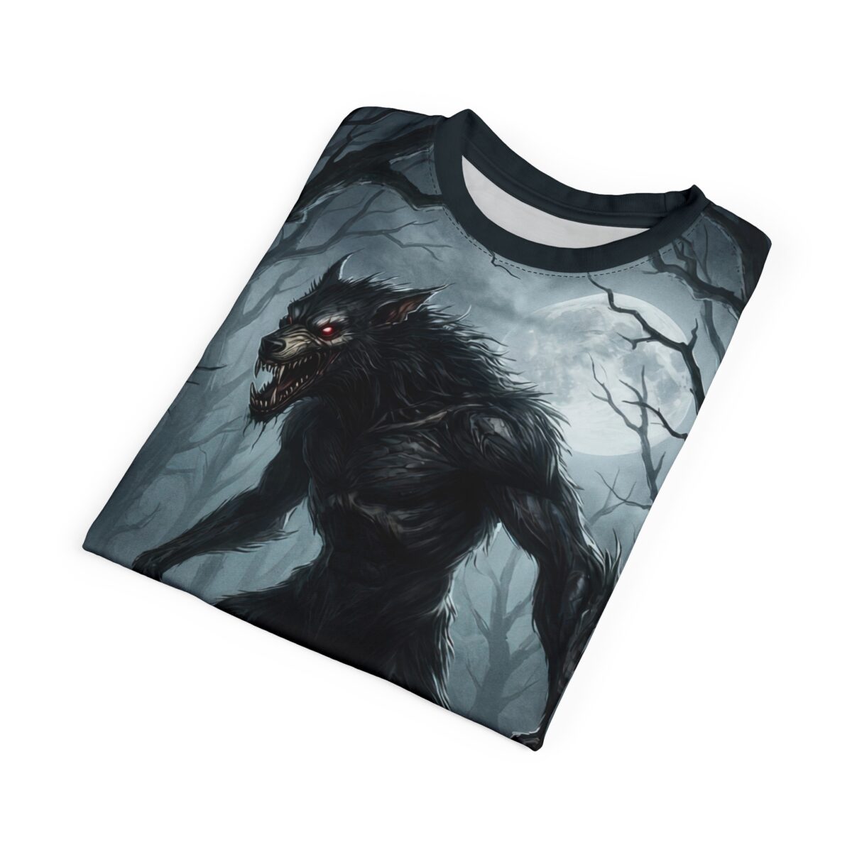 Werewolf in a moonlit forest all over print sublimation tee featuring a scary creature graphic with red eyes.