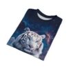 White tiger with blue eyes on a dark galaxy sublimation tee, featuring a seamless print and cosmic background.