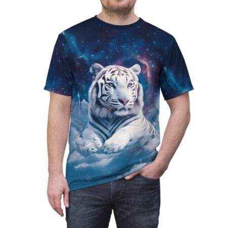 White tiger on clouds with galaxy background all over print sublimation tee.