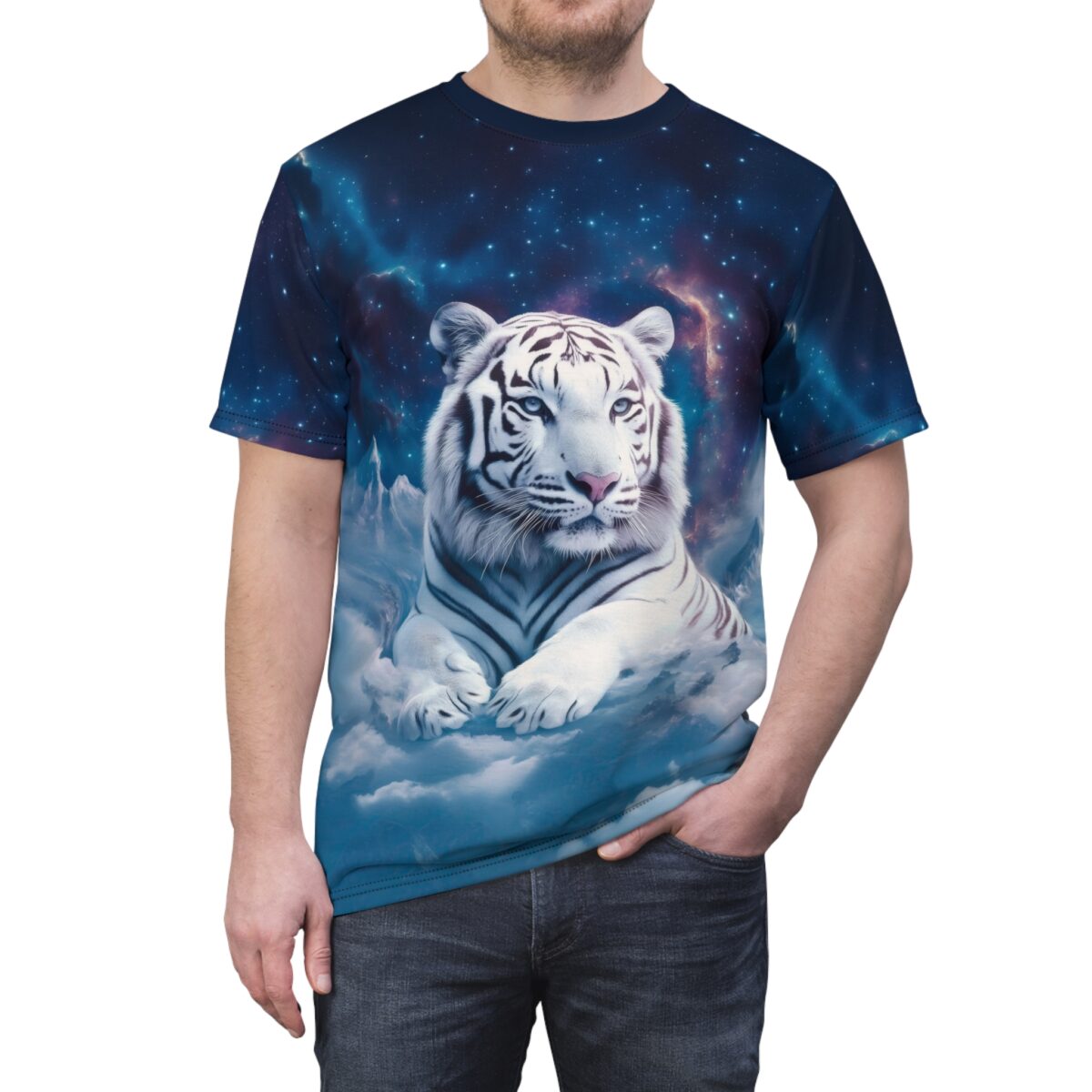 White tiger on clouds with galaxy background all over print sublimation tee.