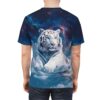 White tiger with blue eyes lying on clouds with a starry nebula background on an all over print sublimation tee.