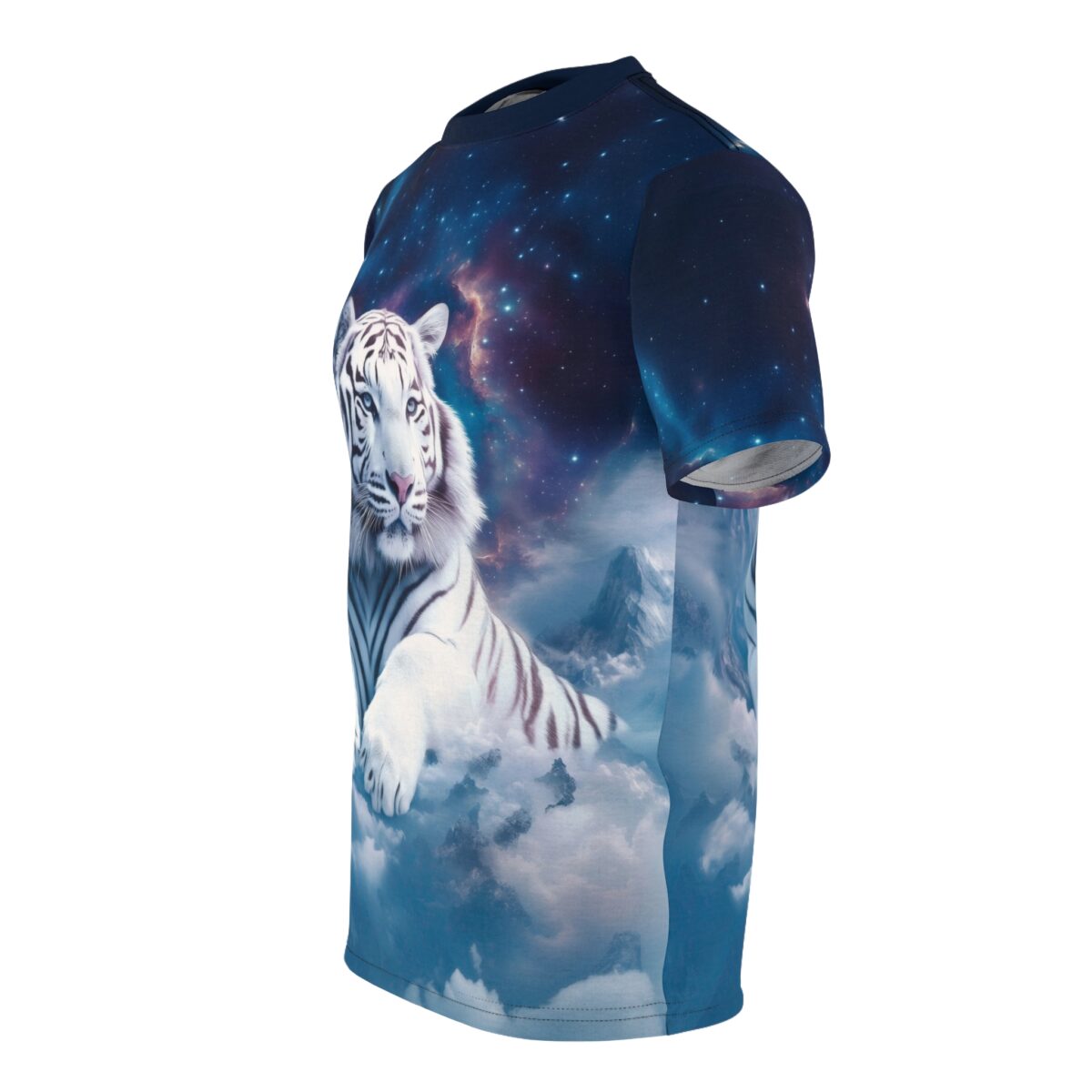 White tiger perched on clouds with starry galaxy background on this all over print sublimation tee.