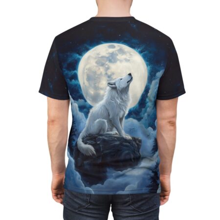 All over print sublimation tee featuring a white wolf howling at a large full moon over a cloudy night sky.