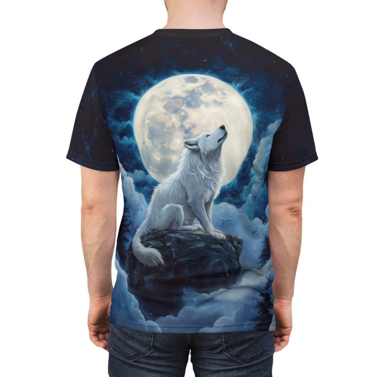 All over print sublimation tee featuring a white wolf howling at a large full moon over a cloudy night sky.