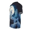 All over print white wolf howling at large moon on a celestial night sky t-shirt.