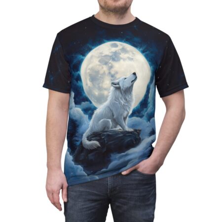 White wolf howling at a large moon, surrounded by clouds and stars on an all over print sublimation tee.