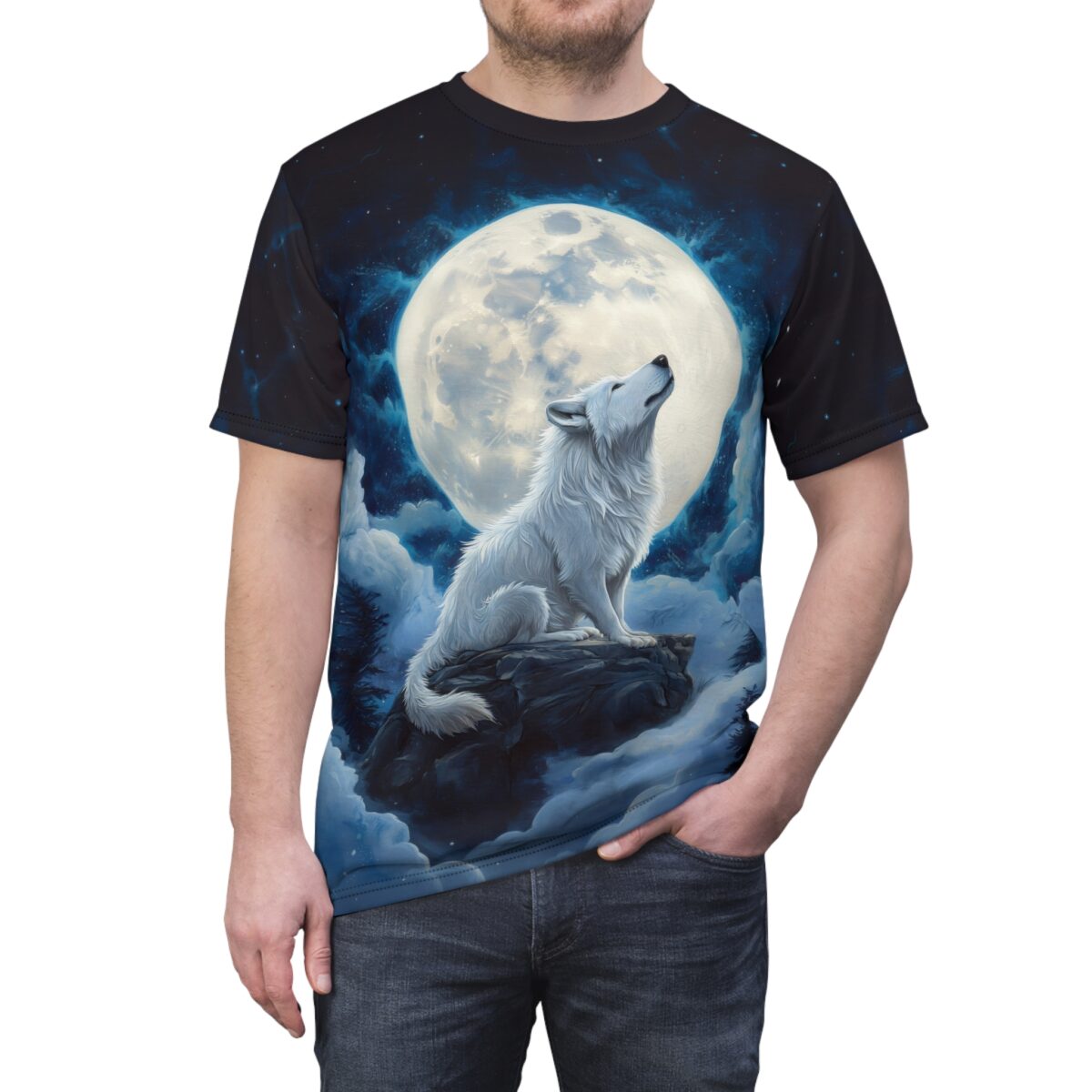 White wolf howling at a large moon, surrounded by clouds and stars on an all over print sublimation tee.