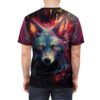 Vibrant wolf graphic all over print sublimation tee with a cyber grunge aesthetic, featuring a fierce multi-colored wolf face and fiery background.
