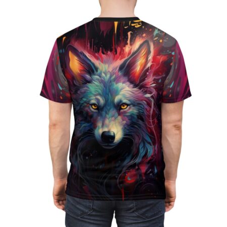 Vibrant wolf graphic all over print sublimation tee with a cyber grunge aesthetic, featuring a fierce multi-colored wolf face and fiery background.