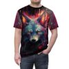 Wolf all over print sublimation tee showcases a vibrant, colorful wolf portrait with fiery eyes and an abstract, drippy background.