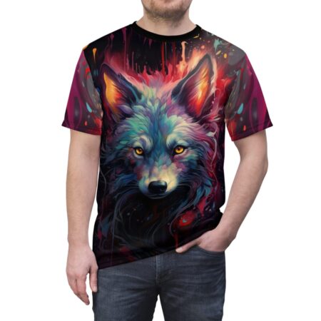 Wolf all over print sublimation tee showcases a vibrant, colorful wolf portrait with fiery eyes and an abstract, drippy background.