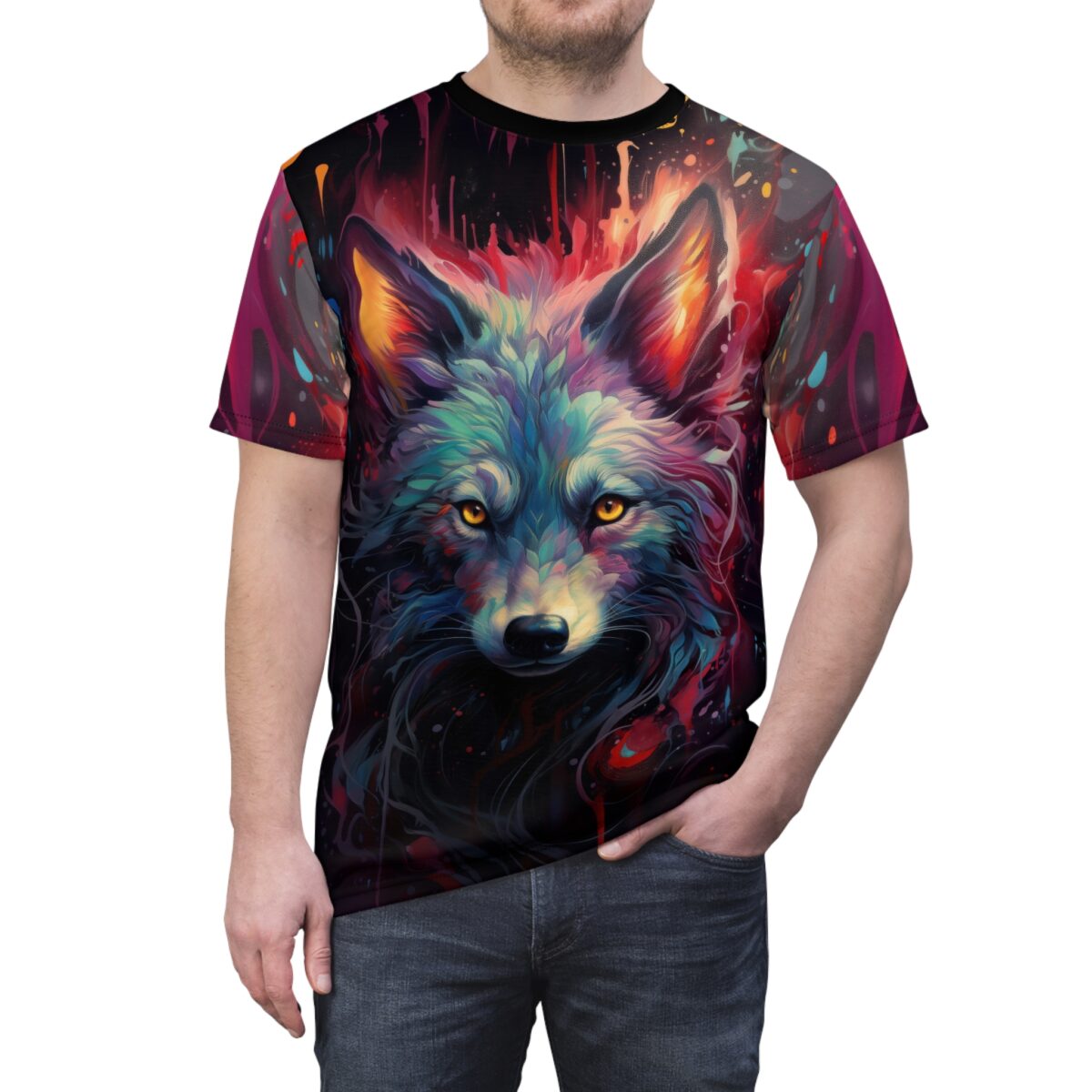 Wolf all over print sublimation tee showcases a vibrant, colorful wolf portrait with fiery eyes and an abstract, drippy background.