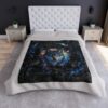Wolf galaxy all over print fleece blanket featuring a wolf head surrounded by stars and nebulae.