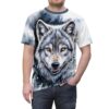 All over print sublimation tee featuring a detailed gray wolf with bright yellow eyes and a dark, grunge background.