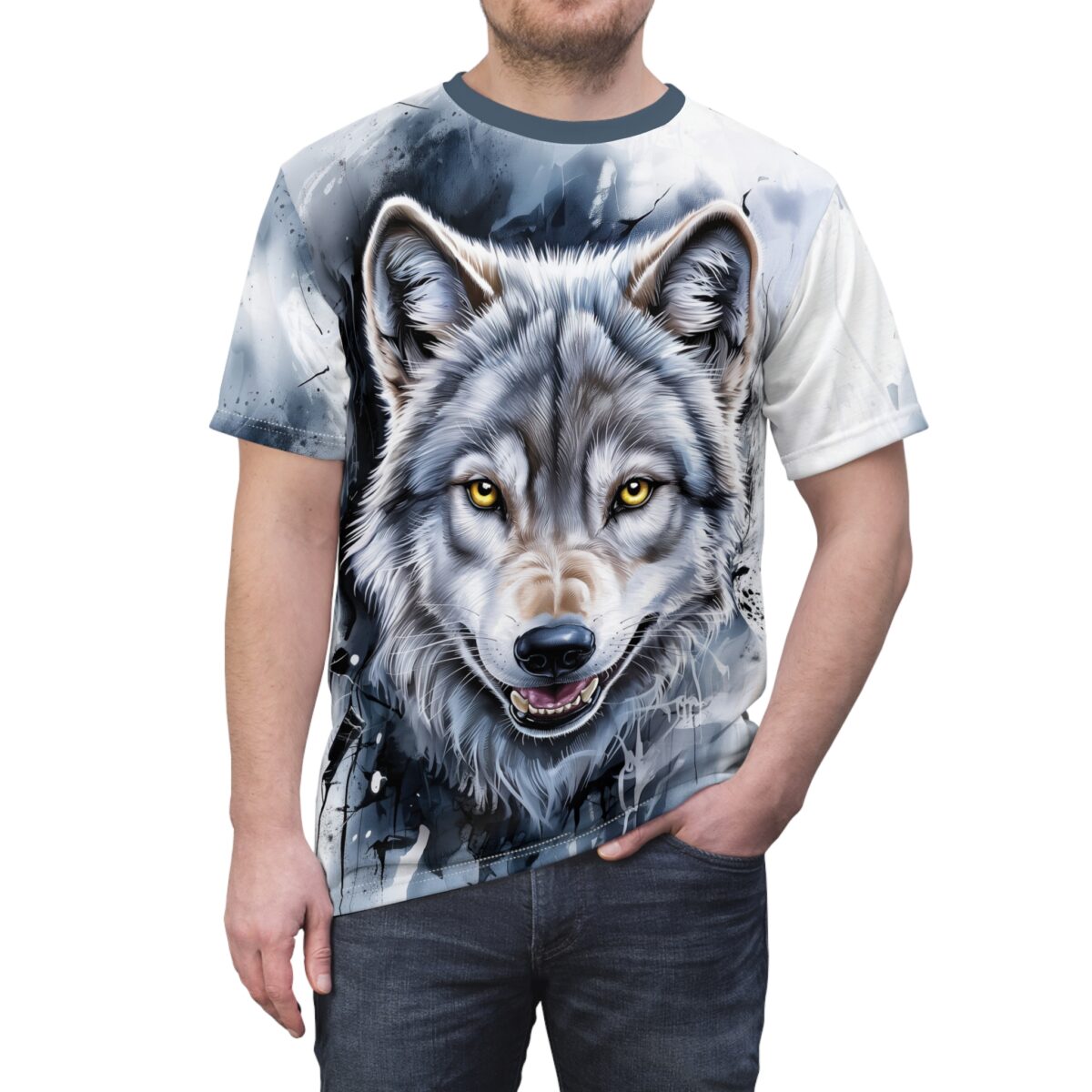All over print sublimation tee featuring a detailed gray wolf with bright yellow eyes and a dark, grunge background.