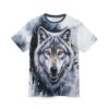 Sublimation tee with intense wolf portrait and splash graphic. Features yellow eyes and detailed fur.
